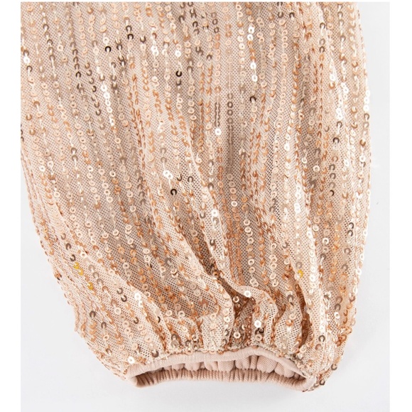 Gold Sequins on Beige V-Neck Surplice Long Sleeve Belted Mini Dress Short - Picture 9 of 11